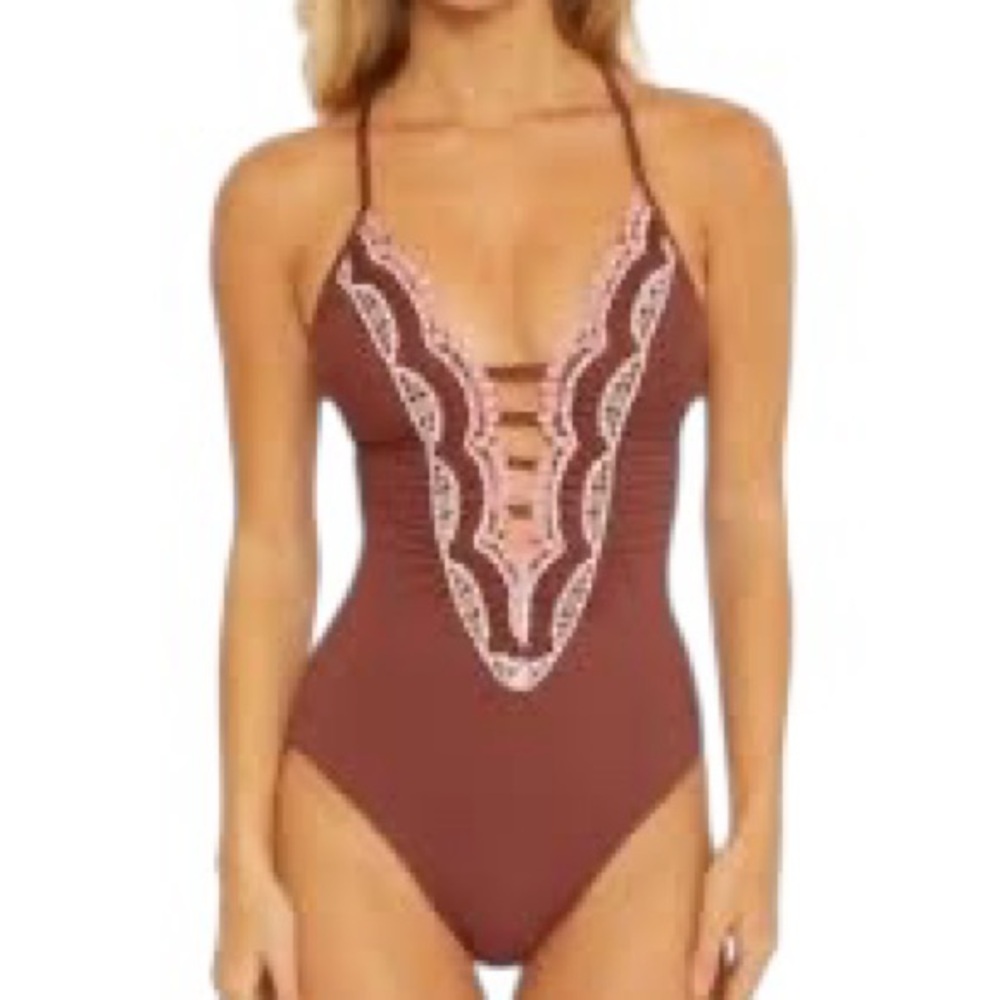 BECCA by Rebecca Virtue Delilah Crochet-Trim Strappy One piece Swimsuit NWT